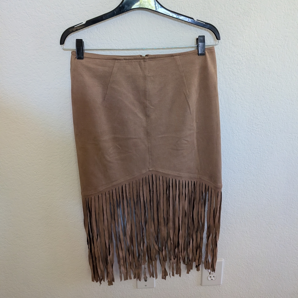 Haute Monde Tan Suede Fringe Pencil Skirt - Picture 3 of 4